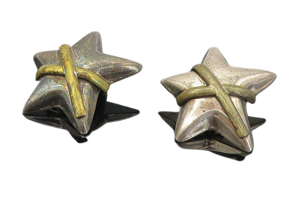 925 Sterling Silver  Vintage Two Tone Wrapped Star Non Pierce Earrings  EG4199