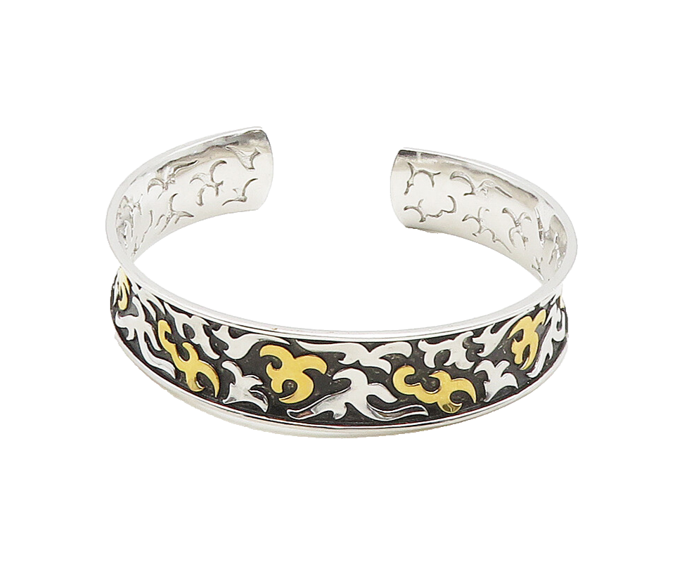 925 Sterling Silver  Shiny Two Tone Embossed Pattern Cuff Bracelet  BT6164