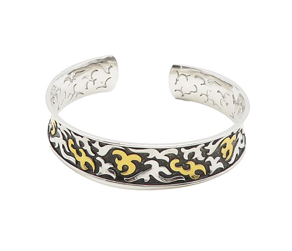 925 Sterling Silver  Shiny Two Tone Embossed Pattern Cuff Bracelet  BT6164
