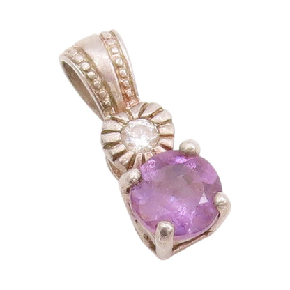 925 Sterling Silver Vintage Pendant Round Amethyst & CZ Etched Charm  PT24751