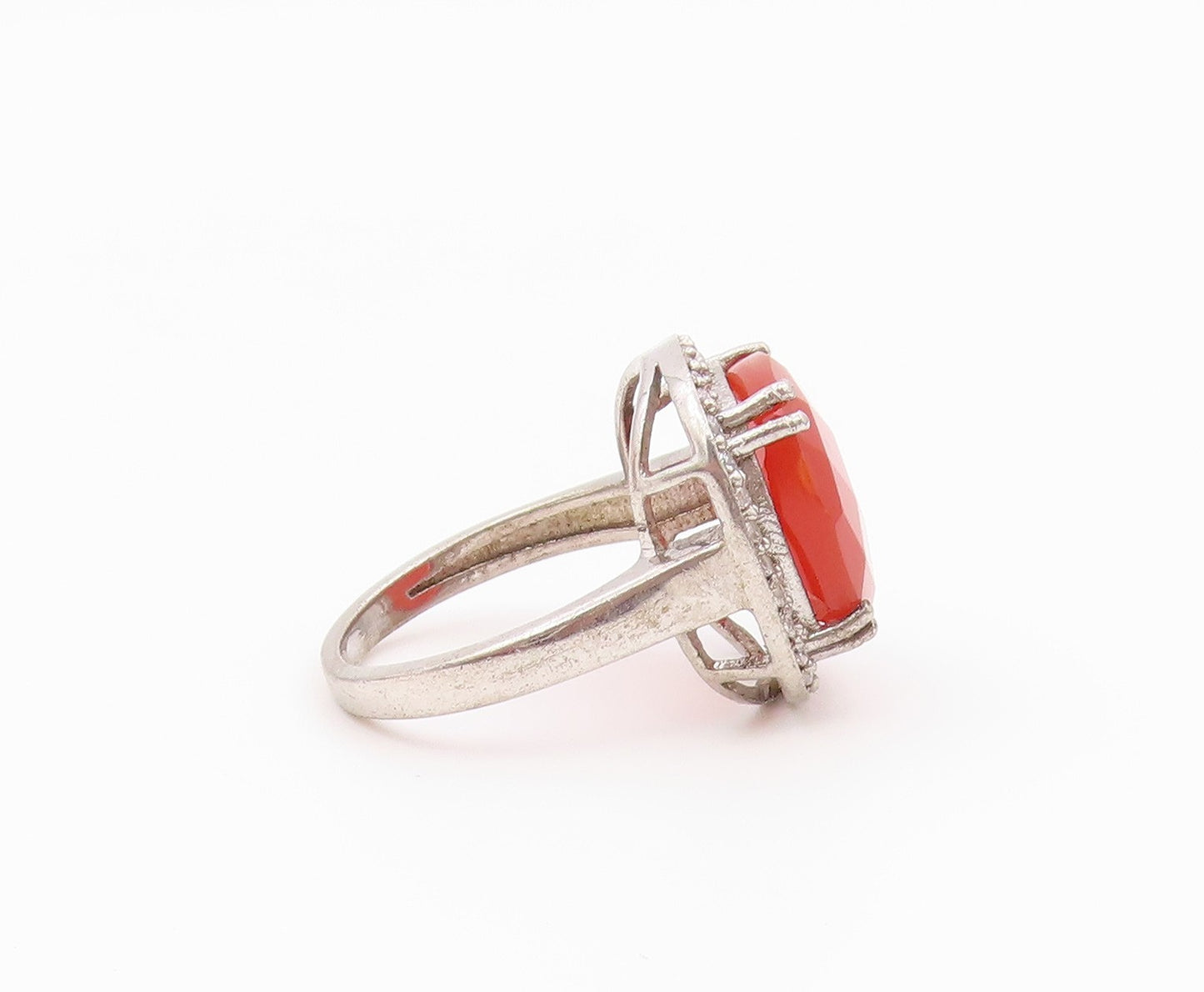 925 Sterling Silver Vintage Ring Faceted Carnelian Halo CZ Band  Sz 7.5  RG36552