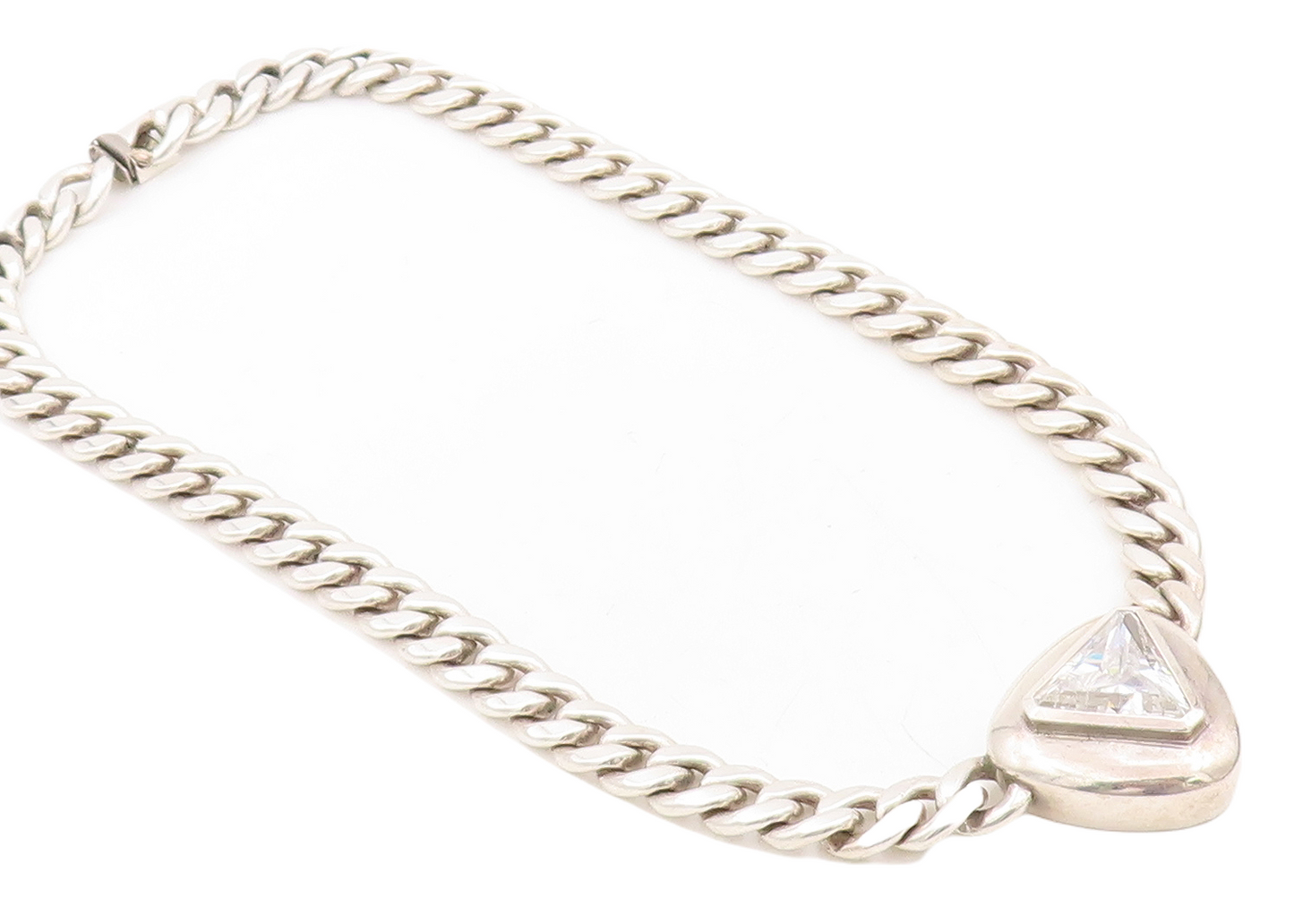 925 Sterling Silver Vintage Necklace Heavy Curb Link Triangle Cut CZ  NE4382