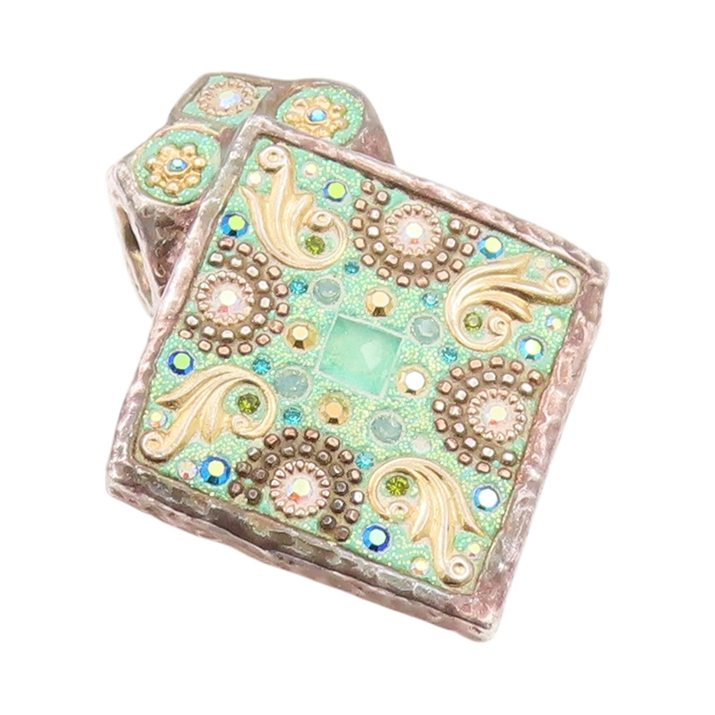 925 Sterling Silver Vintage Pendant Designer Enameled Rhinestones Inlay  PT24008