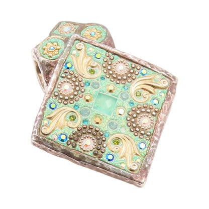 925 Sterling Silver Vintage Pendant Designer Enameled Rhinestones Inlay  PT24008