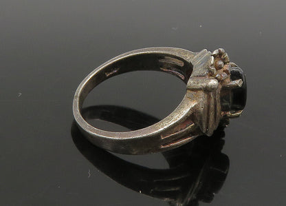 925 Sterling Silver  Vintage Black Onyx Floral Motif Band Ring Sz 6.5  RG21212