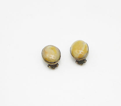 925 Sterling Silver  Vintage Cabochon Cut Gemstone Clip On Earrings  EG1894