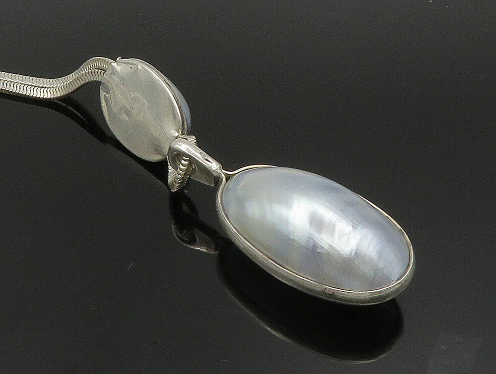 CELIA SEBIRI 925 Silver  Vintage Cabochon Cut Mother Of Pearl Necklace  NE3808
