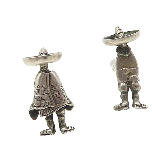 MEXICO 925 Sterling Silver  Vintage Man In Poncho & Sombrero Cufflinks  TR2357