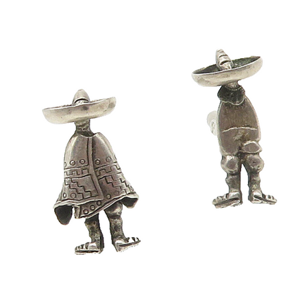 MEXICO 925 Sterling Silver  Vintage Man In Poncho & Sombrero Cufflinks  TR2357
