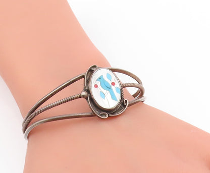 925 Sterling Silver Vintage Bracelet NAVAJO ZUNI Mother Of Pearl Bird  BT11783