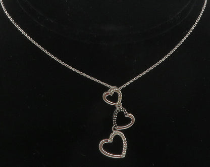 925 Silver  Genuine Black & White Diamonds Love Hearts Chain Necklace  NE2059