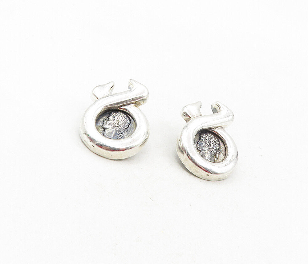 925 Sterling Silver  Vintage Oxidized Face Profile Shiny Drop Earrings  EG4712