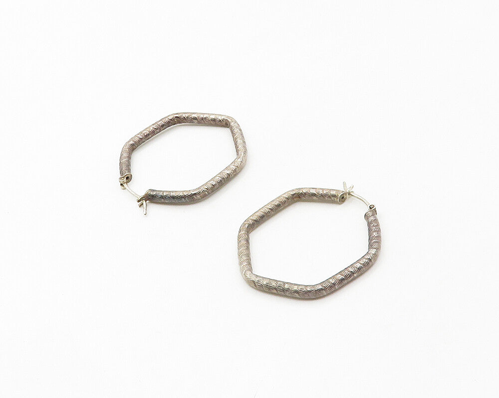 925 Sterling Silver  Vintage Dark Tone Etched Hexagon Hoop Earrings  EG8830