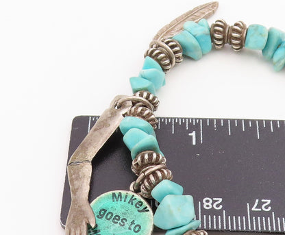 925 Sterling Silver Vintage Bracelet Beaded Turquoise With Etched Charms BT11857