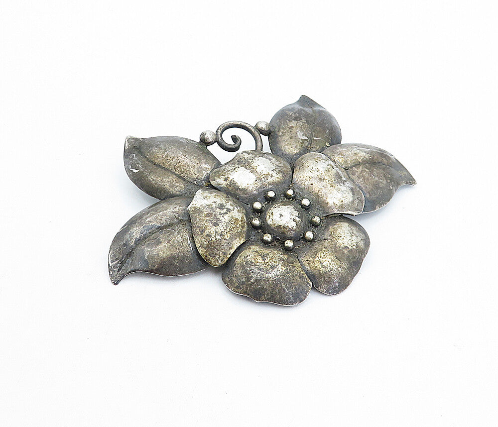 RAJ 925 Sterling Silver  Vintage Dark Tone Flower Motif Brooch Pin  BP1095