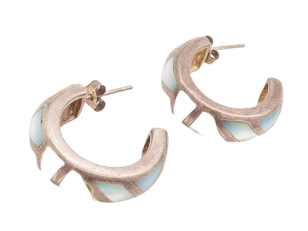 925 Sterling Silver Vintage Earrings Blue Mother Of Pearls Open Hoops  EG13110