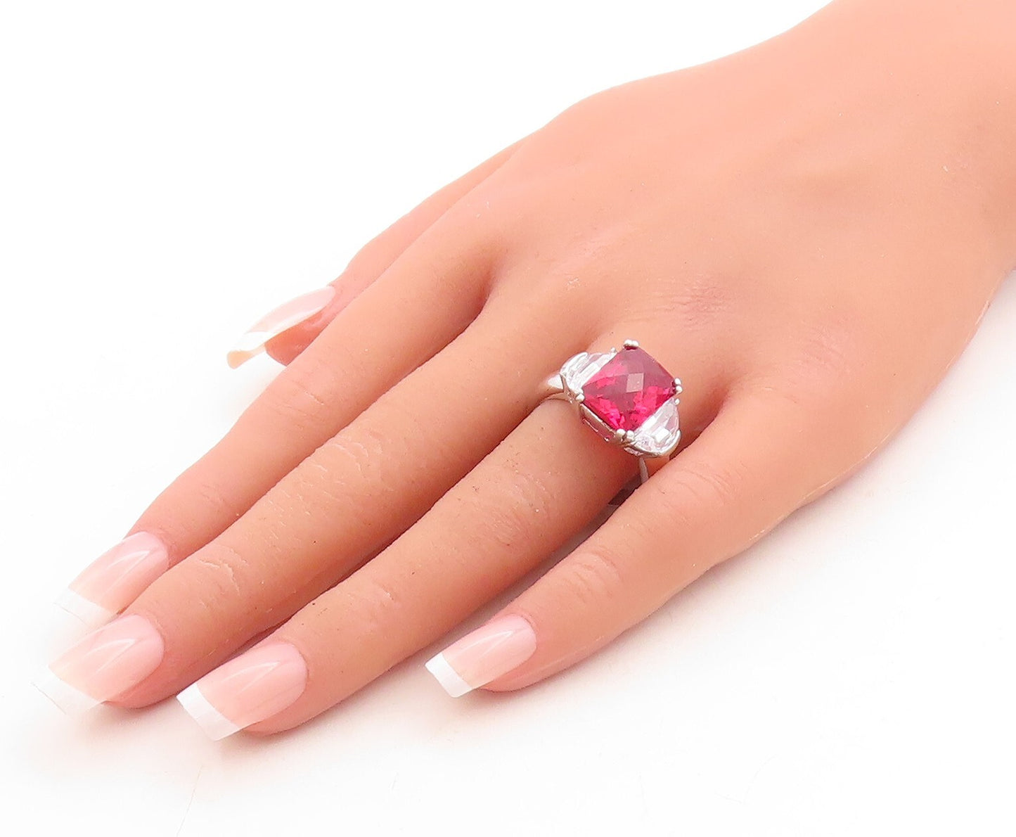 925 Sterling Silver Vintage Ring Red & White CZ Side Stones  Sz 10  RG31635