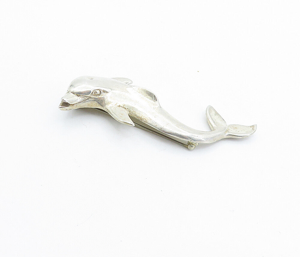 MEXICO 925 Sterling Silver Vintage Shiny Swimming Dolphin Brooch Pin BP2499