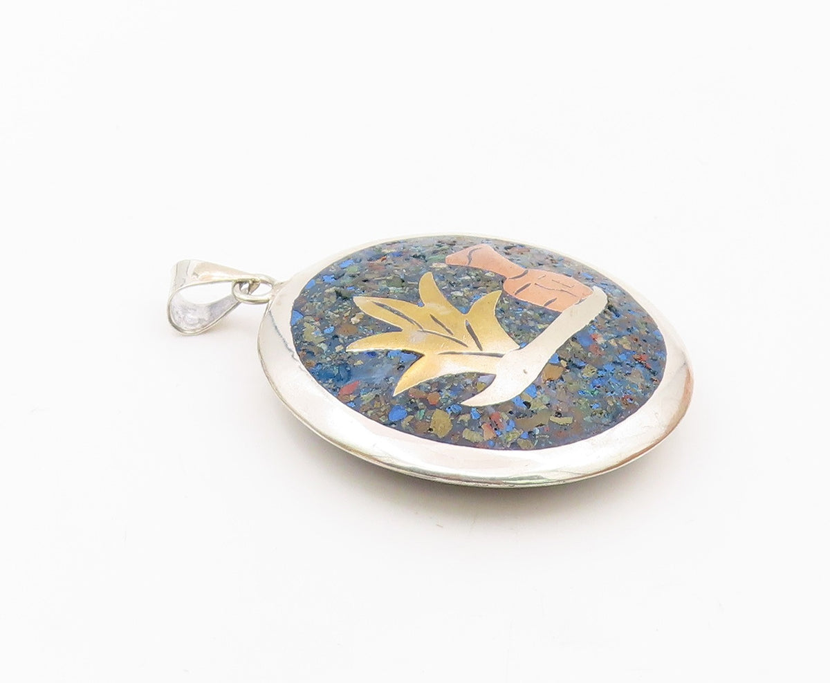 MEXICO 925 Silver  Vintage Crushed Jasper & Lapis Lazuli Sea Pendant  PT20265