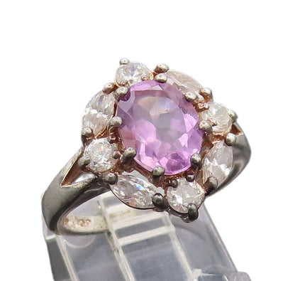 925 Sterling Silver  Vintage Two Tone Multi Cut CZ Floral Ring Sz 7  RG26761