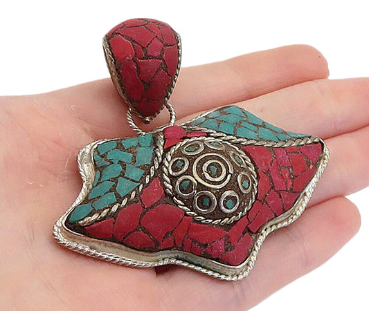 925 Sterling Silver  Vintage Antique Turquoise & Coral Drop Pendant  PT6063