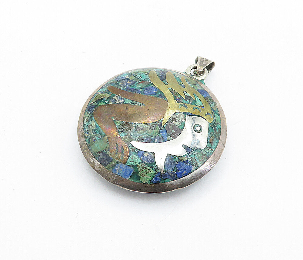 MEXICO 925 Sterling Silver  Vintage Jasper Three Tone Pattern Pendant  PT4890
