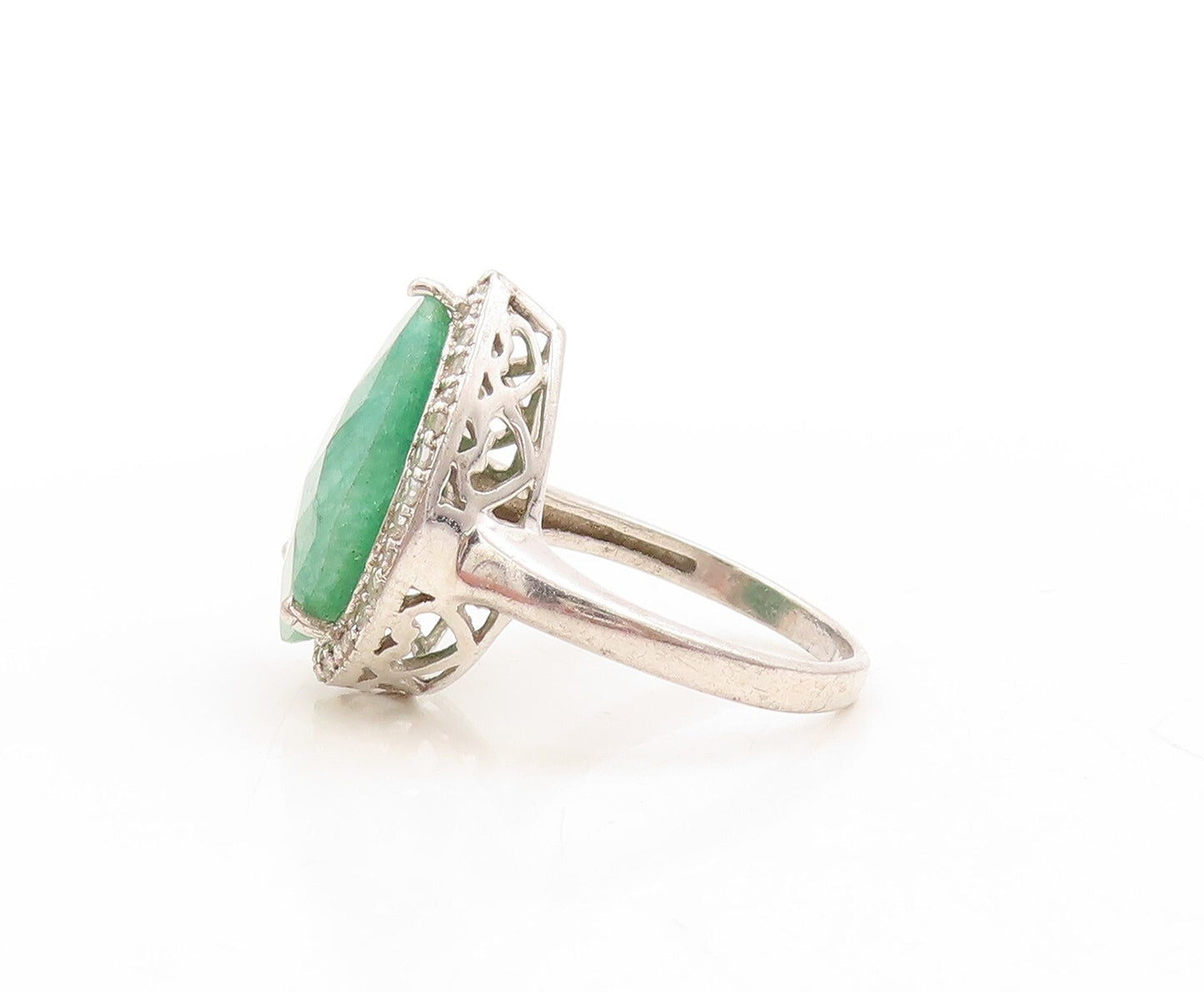 925 Sterling Silver Vintage Ring Diamonds Inlay Drop Cut Gemstone  Sz 6  RG31585