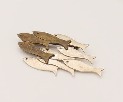 MEXICO 925 Silver  Vintage Two Tone Swimming Fish Family Brooch Pin  BP10237