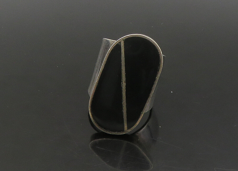 MEXICO 925 Silver  Vintage Inlaid Black Onyx Cocktail Ring Sz 10  RG23312