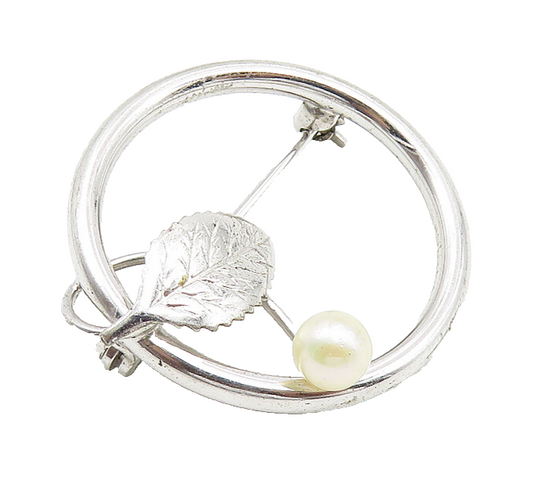 DCE 925 Sterling Silver  Vintage Petite Pearl Floral Leaf Brooch Pin  BP4292