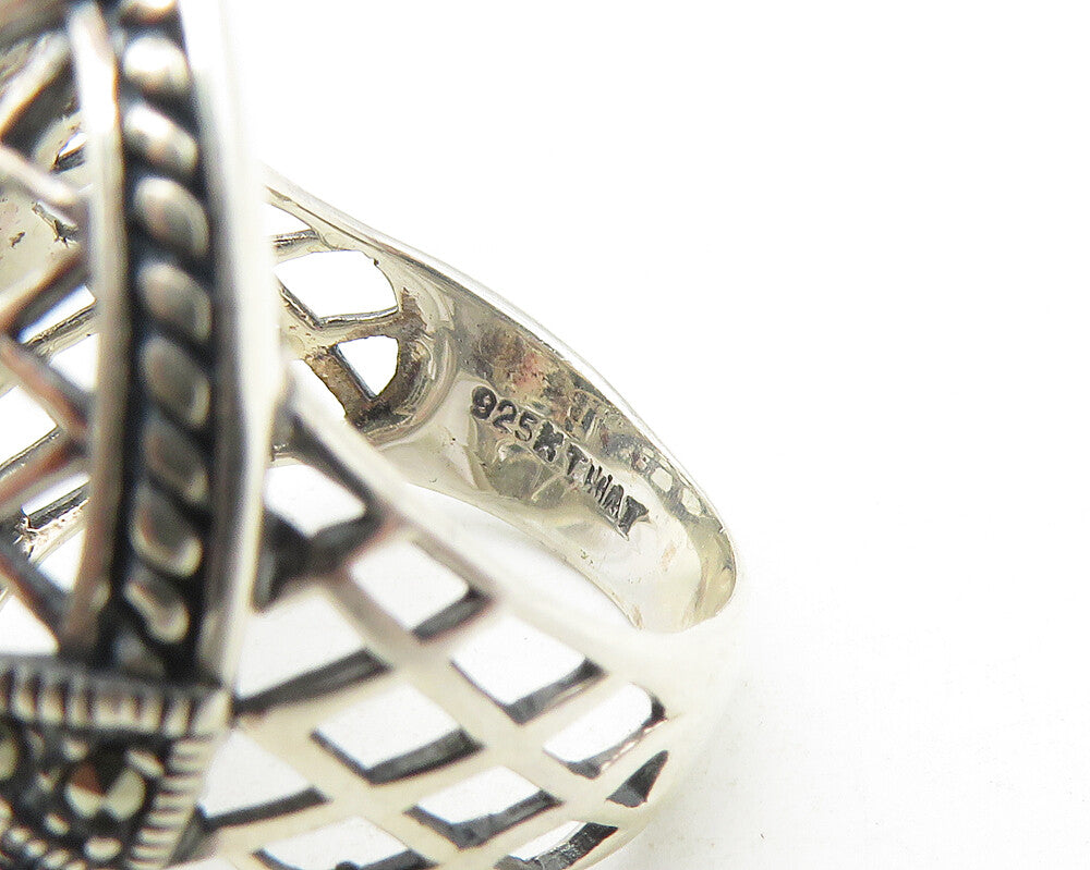 925 Sterling Silver  Marquise Hematite & Marcasite Cocktail Ring Sz 6  RG11363