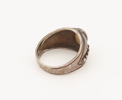 925 Silver  Vintage Bead & Carved Detail Mother Of Pearl Ring Sz 9.5  RG26394