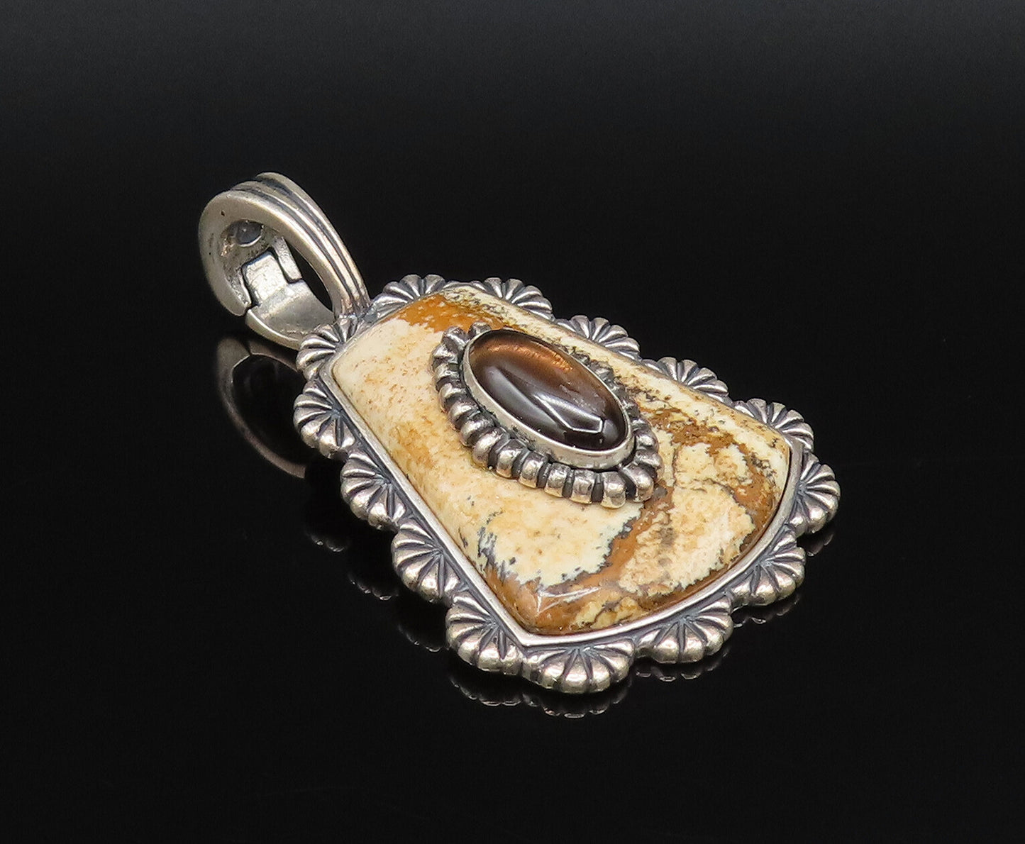 CAROLYN POLLACK 925 Silver  Vintage Tiger's Eye & Jasper Drop Pendant  PT21674