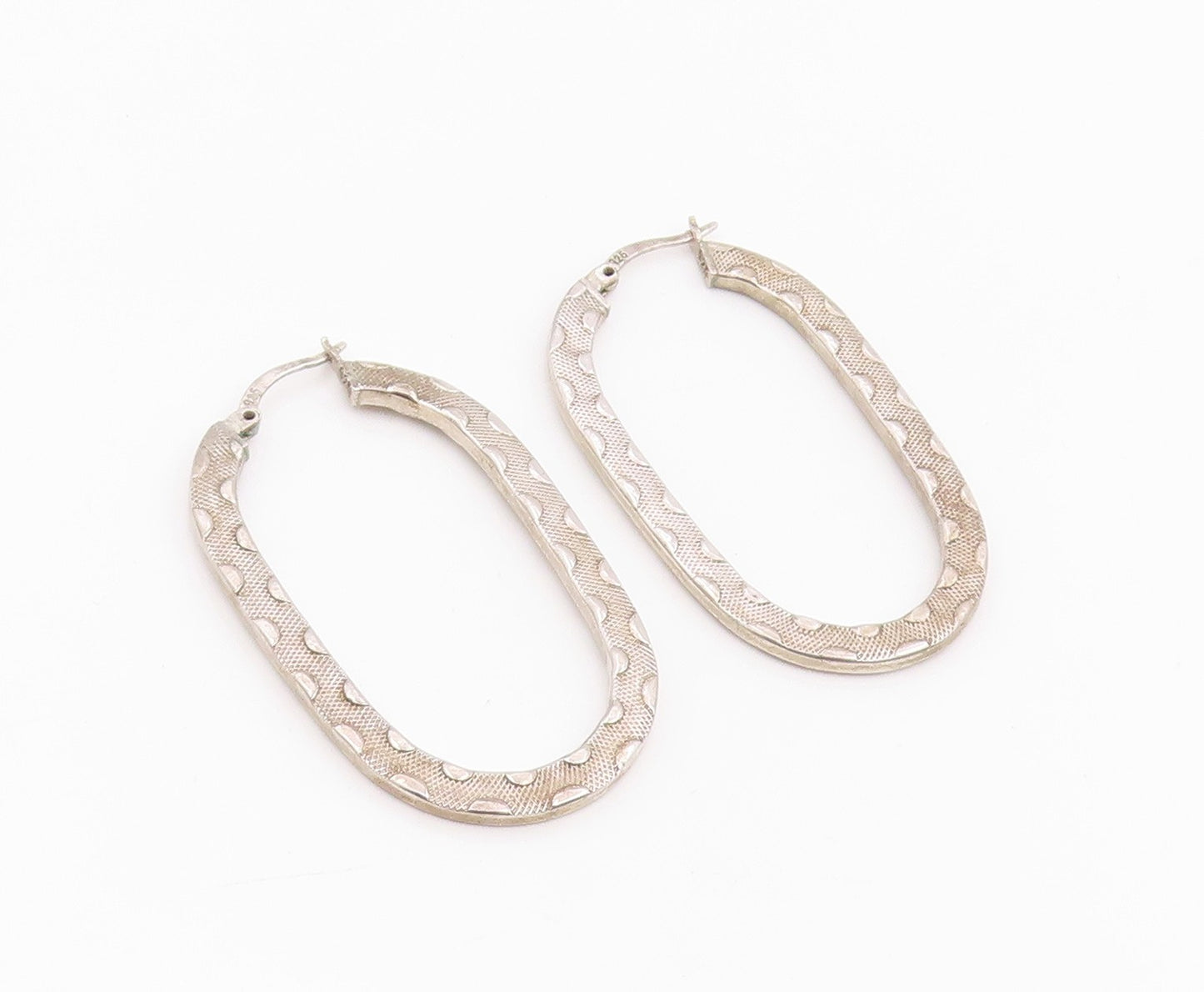 925 Sterling Silver Vintage Earrings Modernist Textured Oval Hoops  EG14258