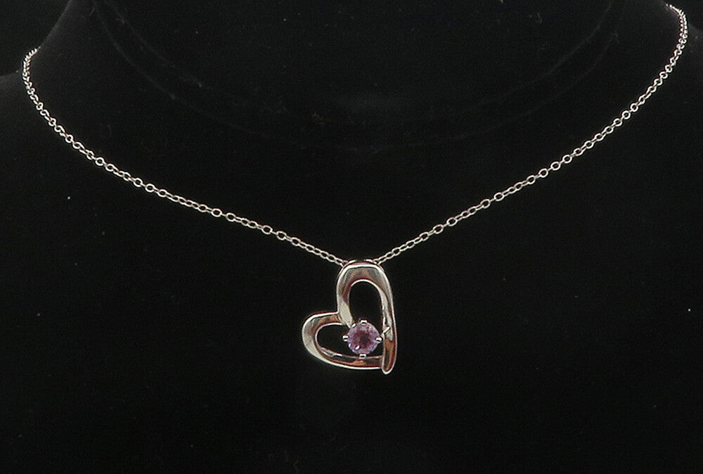925 Sterling Silver  Prong Set Amethyst Open Love Heart Chain Necklace  NE2054