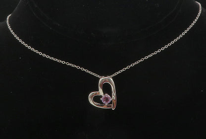 925 Sterling Silver  Prong Set Amethyst Open Love Heart Chain Necklace  NE2054