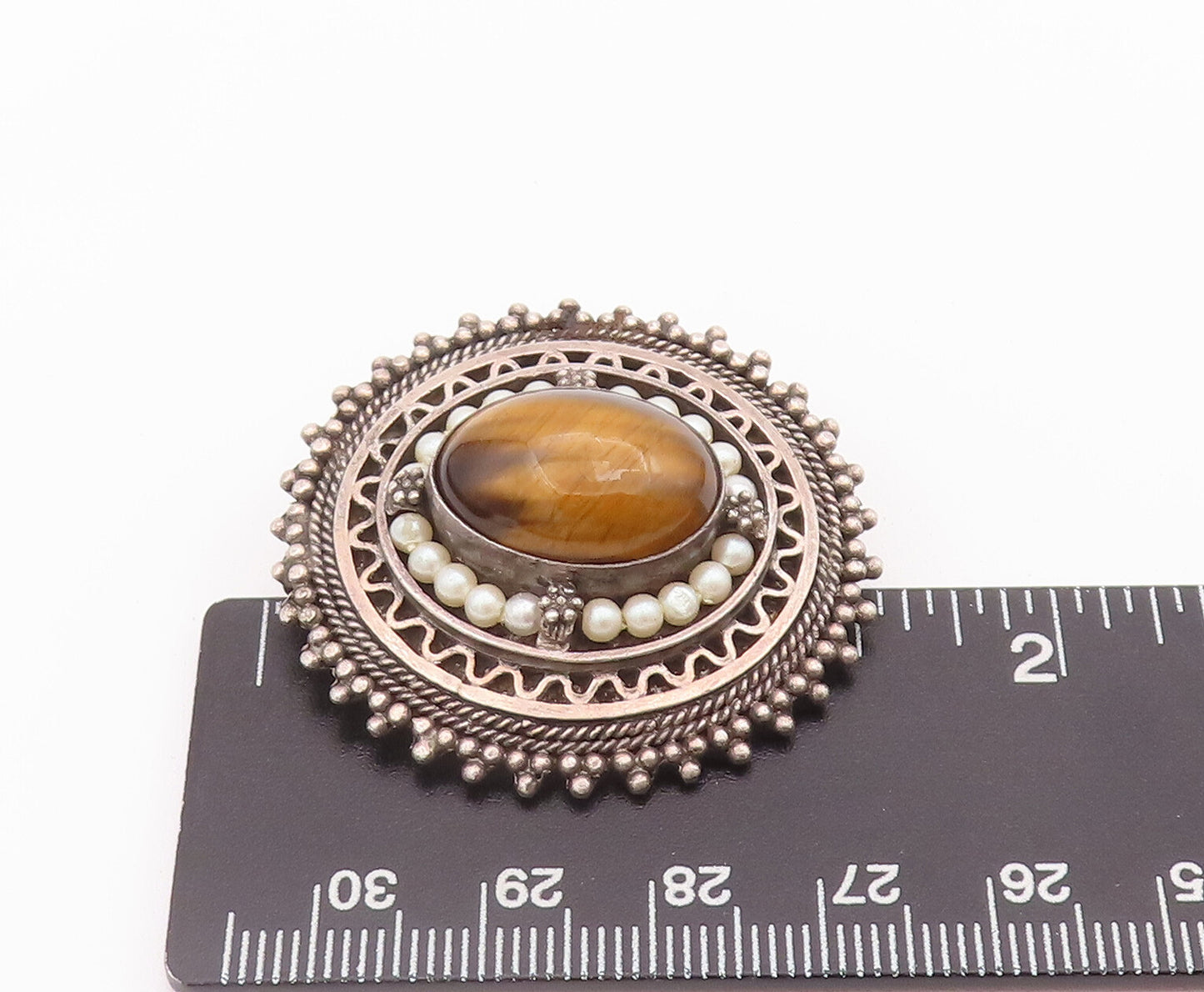 925 Sterling Silver Vintage Brooch Pin ISRAEL Tiger's Eye Swirly Carved  BP10748