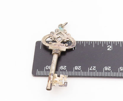 925 Sterling Silver Vintage Pendant Large Cutout Crown Key Design Charm  PT25617