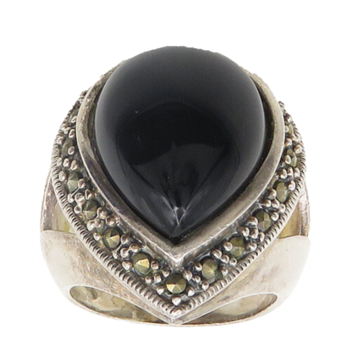 925 Silver  Vintage Cabochon Black Onyx & Marcasite Cocktail Ring Sz 7 RG19467