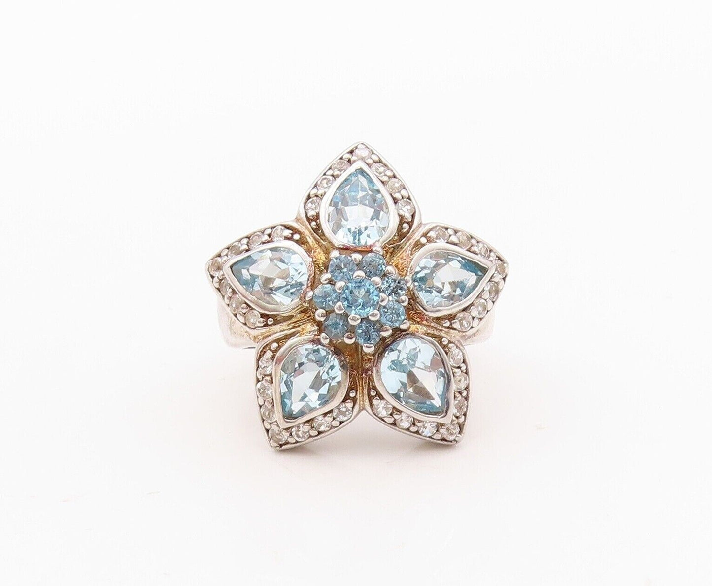 925 Sterling Silver Vintage Ring White & Blue Topaz Flower  Sz 7  RG29943