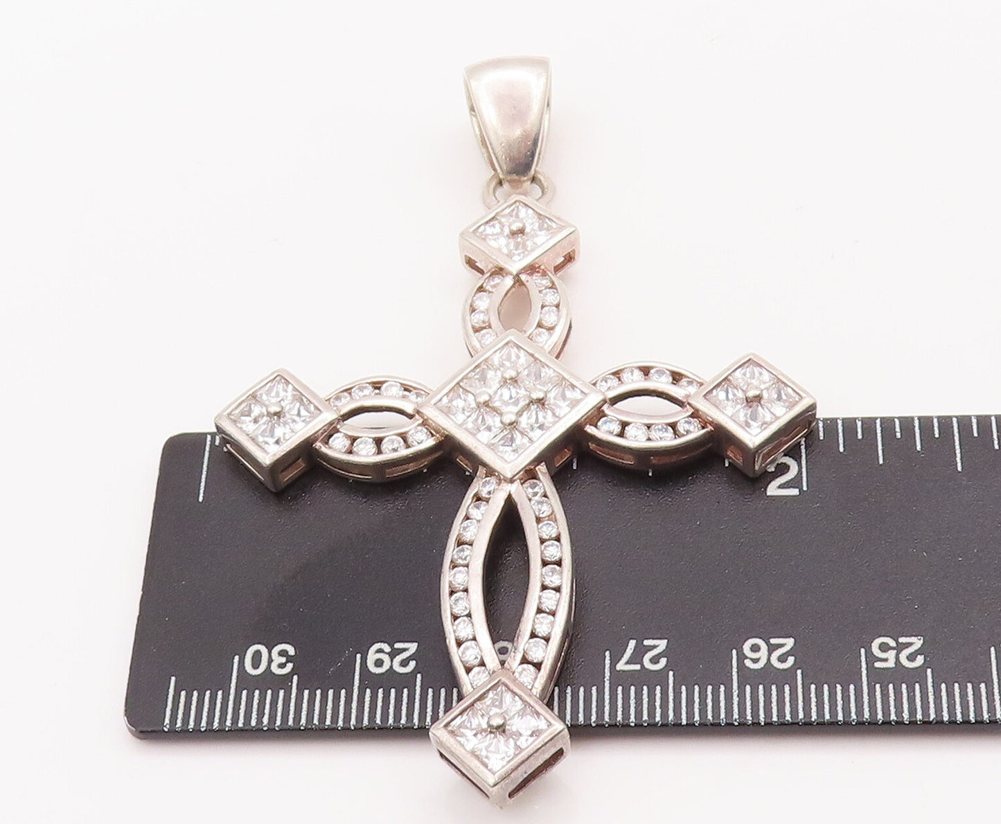 925 Sterling Silver Vintage Pendant Religious Cutout CZ Inlay Cross  PT23109