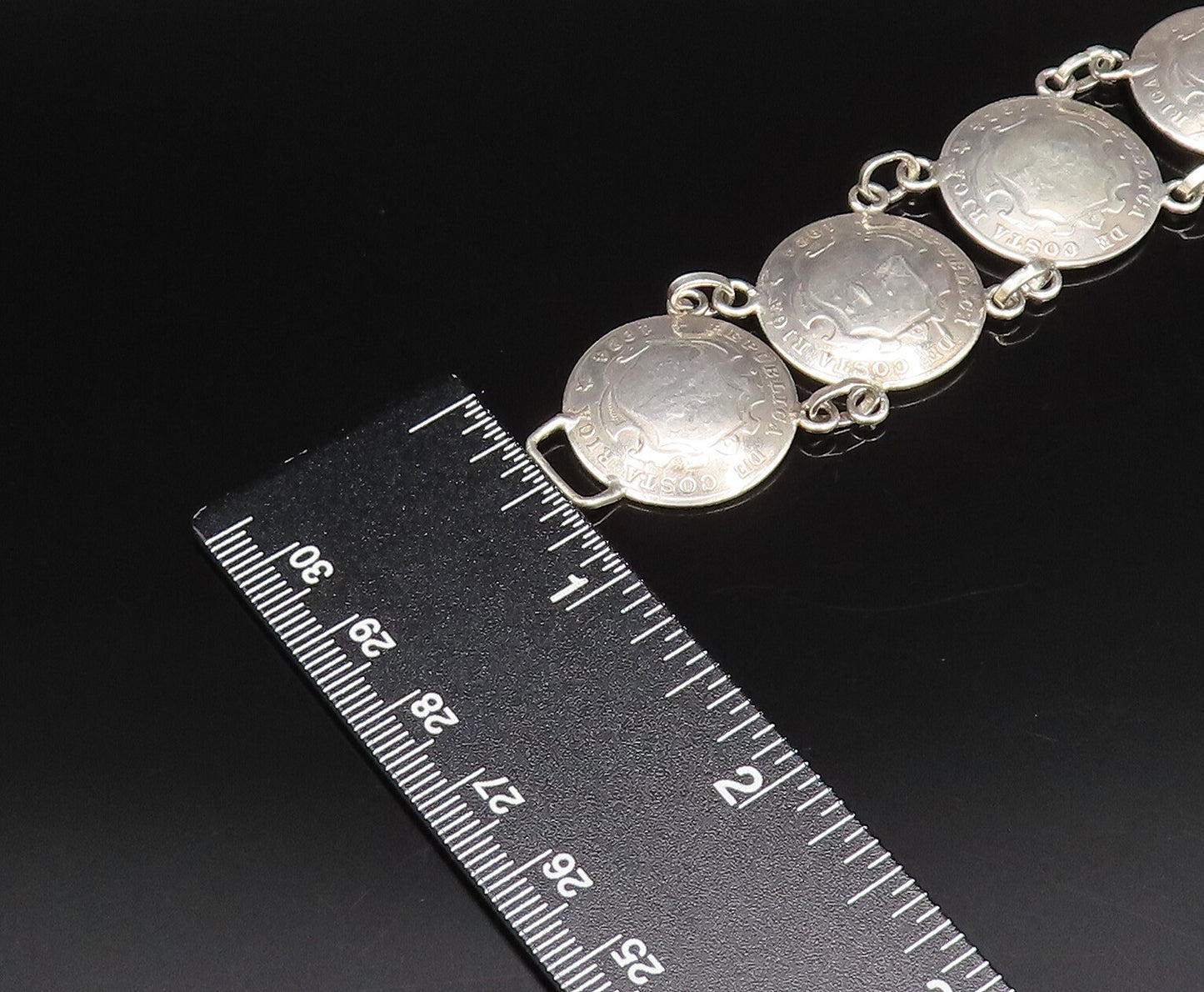 925 Sterling Silver  Vintage Costa Rica Crest Coin Chain Bracelet  BT9706