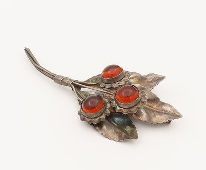 925 Silver  Vintage Cabochon Citrine Flower & Leaf Bouquet Brooch Pin  BP10268