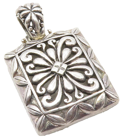 925 Sterling Silver Vintage Open Flower Swirl Square Drop Pendant PT9840