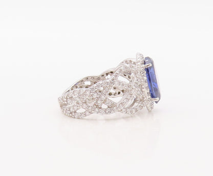 925 Sterling Silver Vintage Ring Designer Cutout Sapphire & CZ  Sz 7.5  RG30577