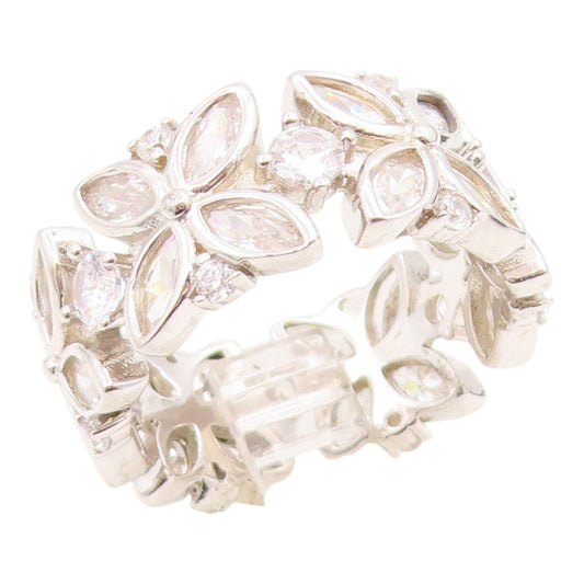 925 Sterling Silver Vintage Ring CZ Elegant Floral Eternity Band Sz 7.5  RG35870