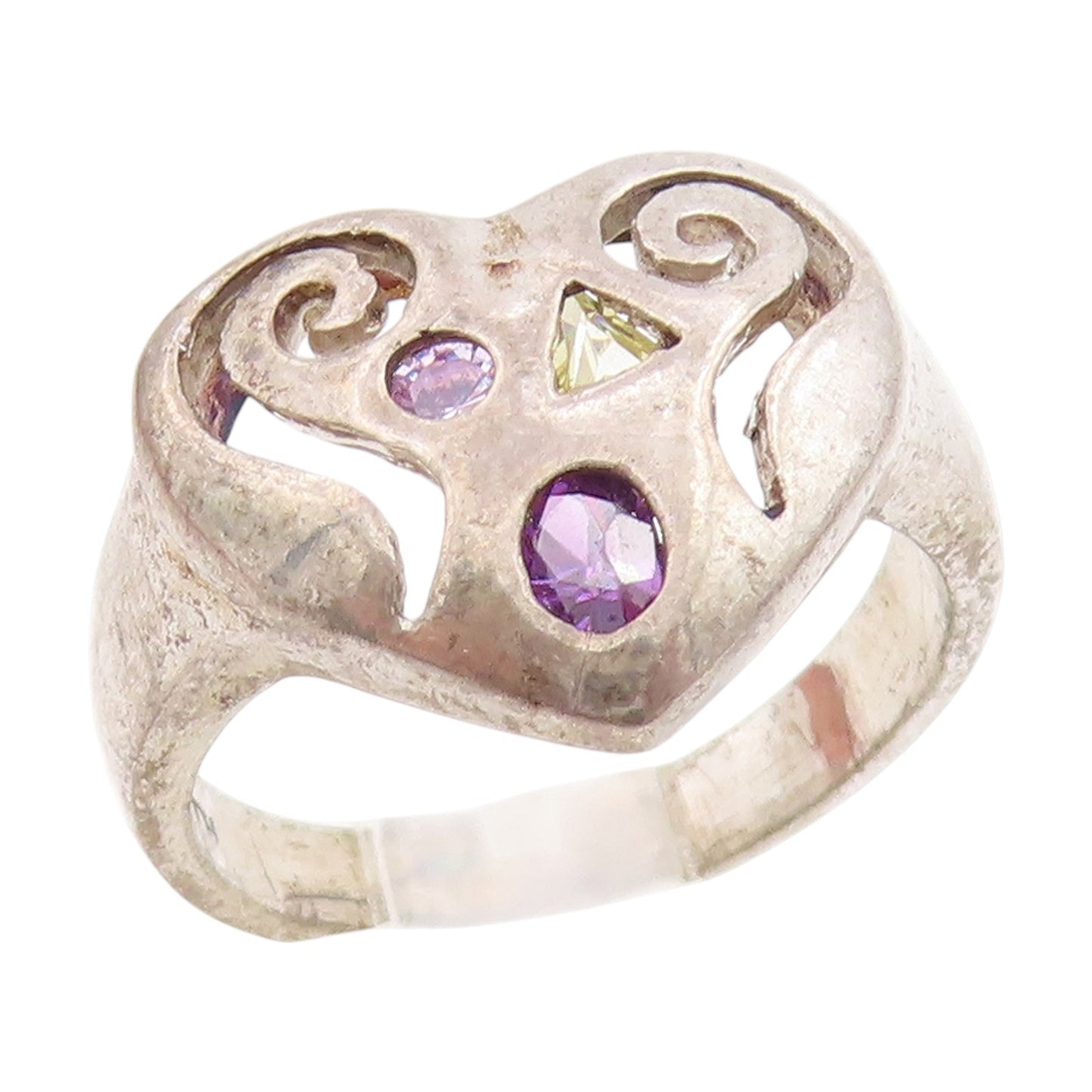 925 Sterling Silver Vintage Ring Multi Gemstone Openwork Heart Band Sz 6 RG33795