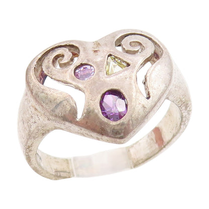 925 Sterling Silver Vintage Ring Multi Gemstone Openwork Heart Band Sz 6 RG33795