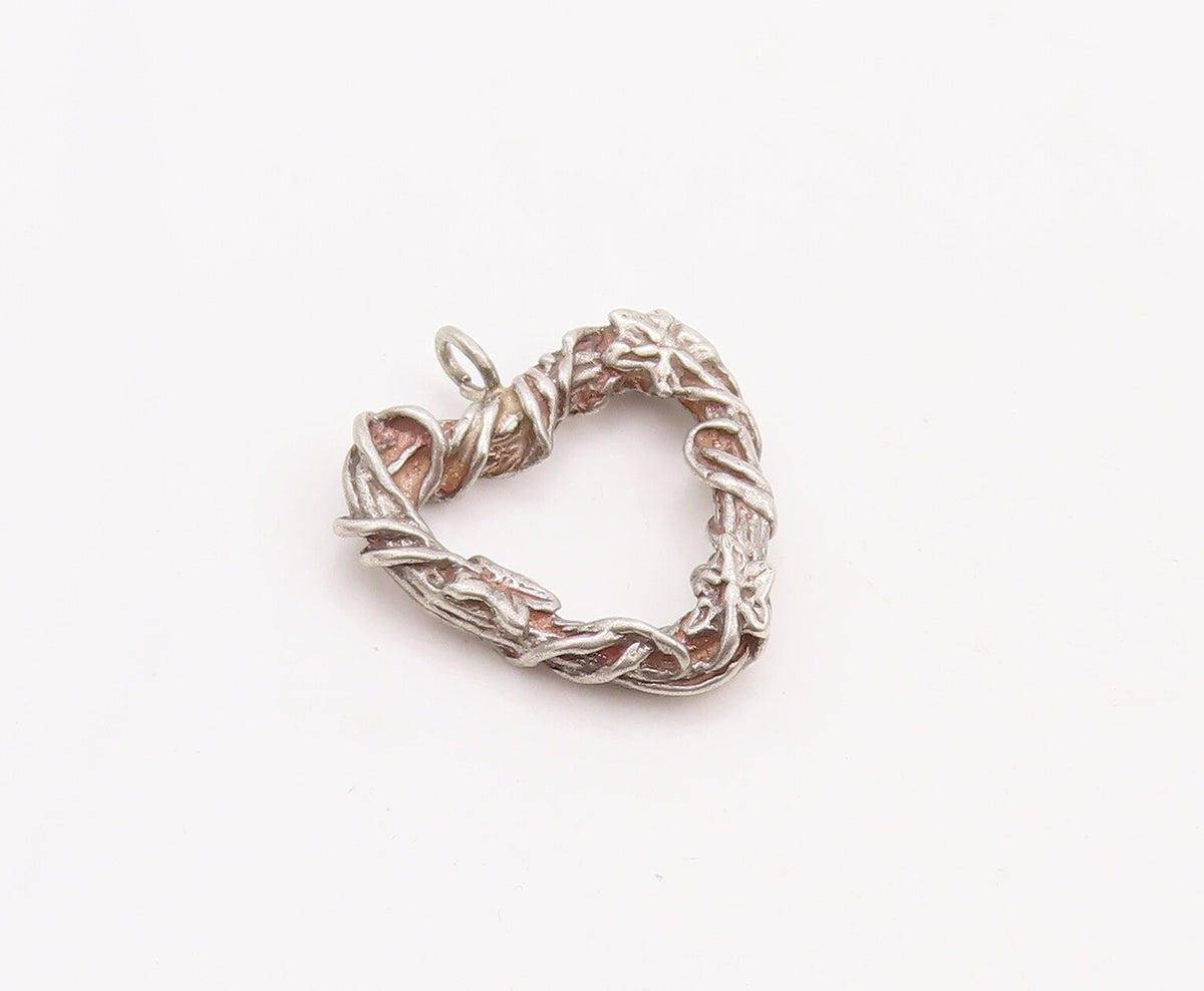 925 Sterling Silver Vintage Pendant Wired Wood Carved Cutout Heart  PT23156
