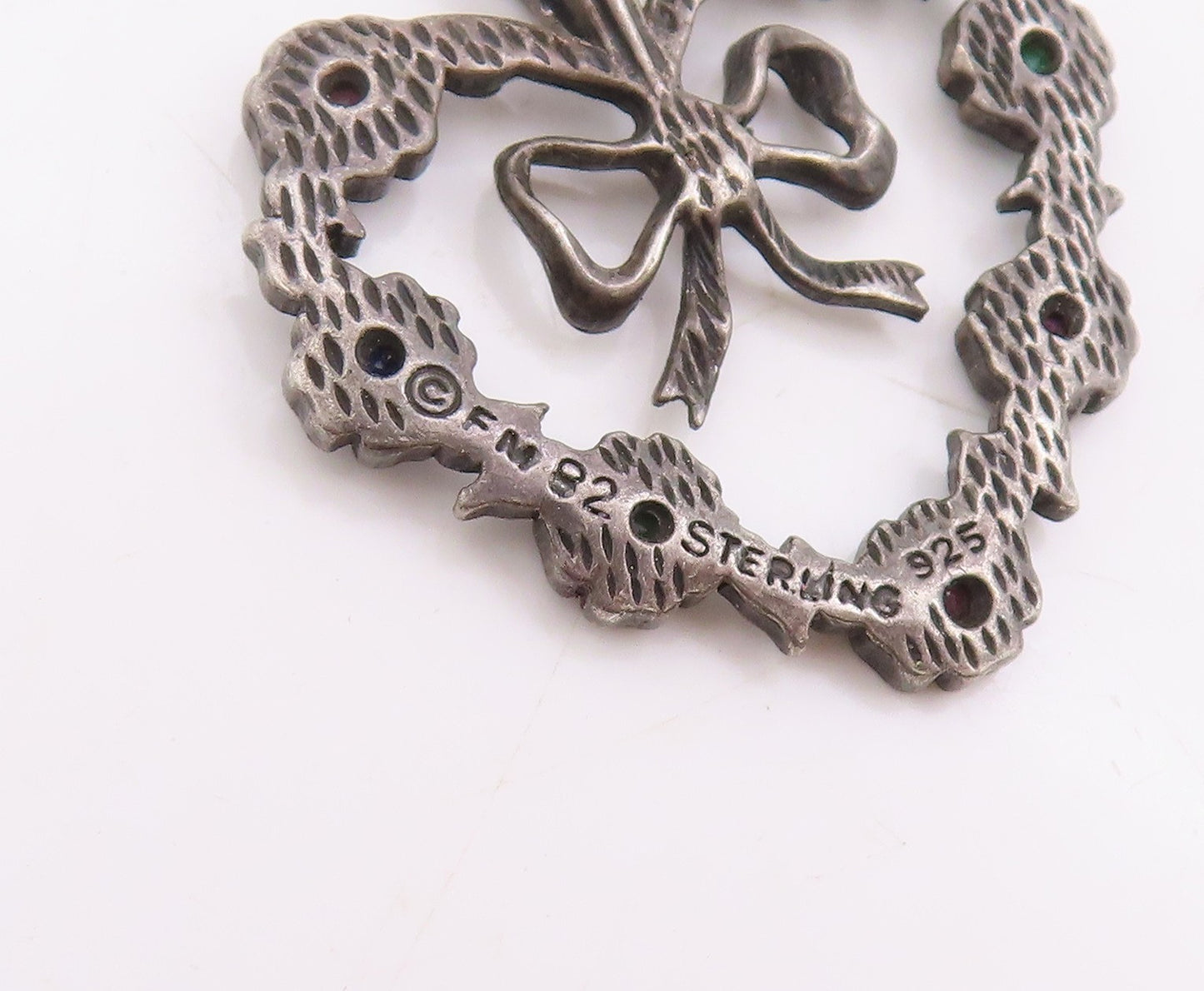 925 Sterling Silver Vintage Pendant Real Gemstones Love Heart & Bow  PT25783